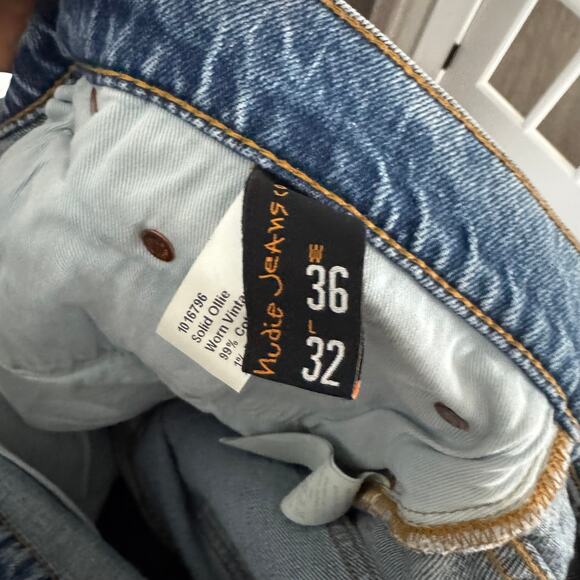 Nudie Solid Ollie Slim Fit Worn Vintage Straight Leg Jeans 36x32 NEW Blue Denim - Picture 7 of 9